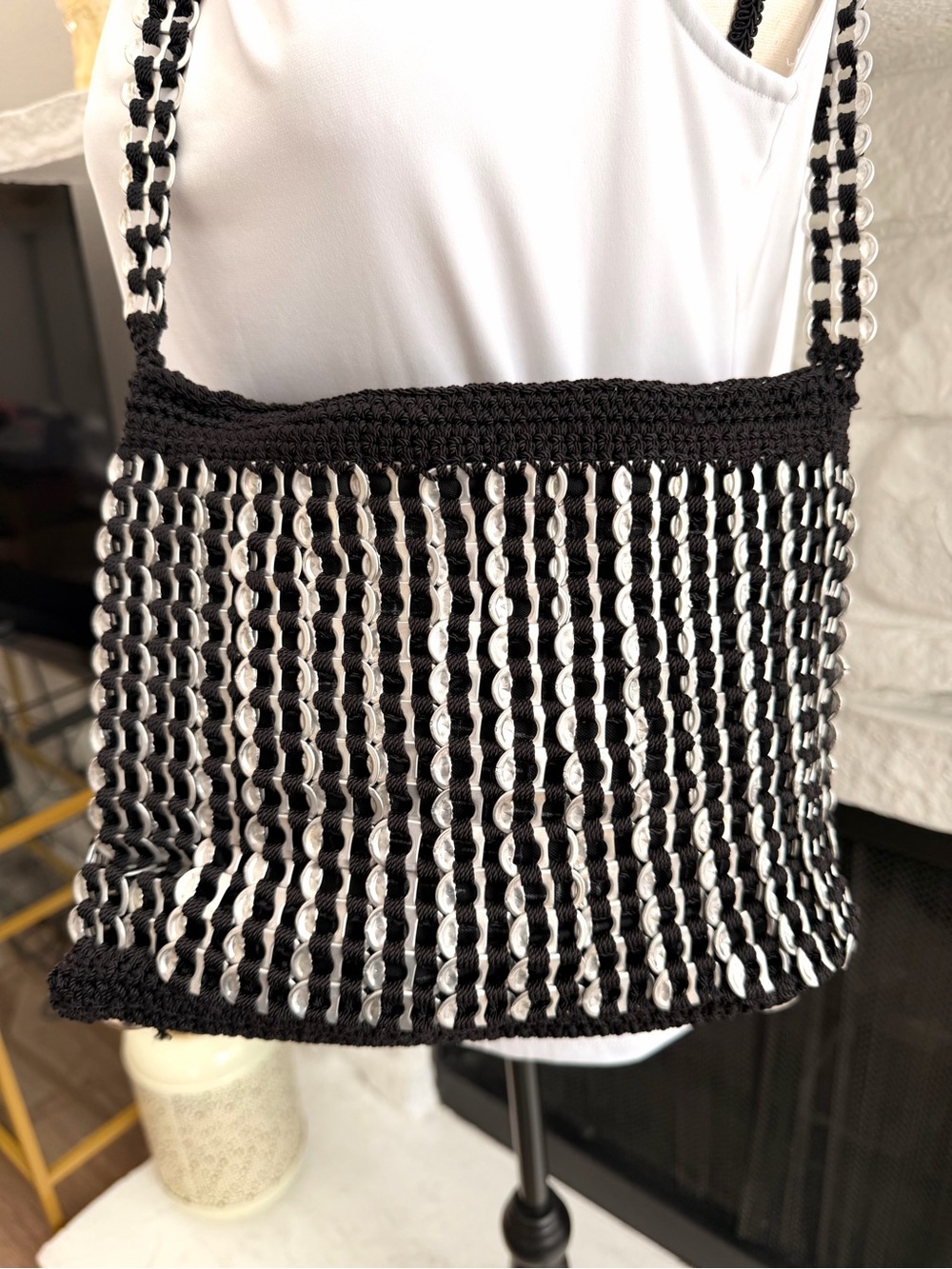 Handmade Black Crochet Aluminum Pop Tab Shoulder Bag Upcycled Y2K - Picture 2 of 11